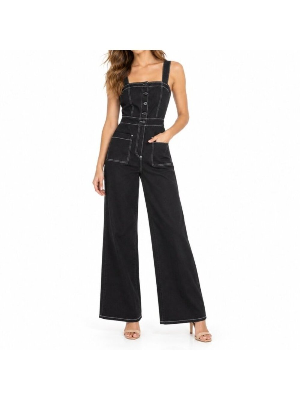 By Together Black Denim 100% Cotton Wide Leg Jumpsuit Contrast Topstitch Size S